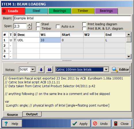 Beam edit dialog showing script