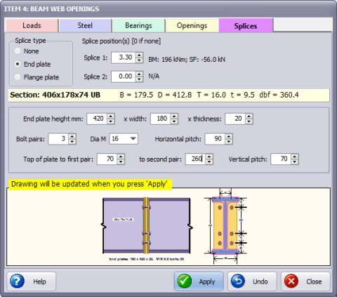 Beam edit dialog splice page