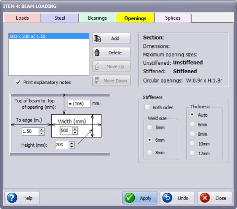 Beam web opening edit dialog